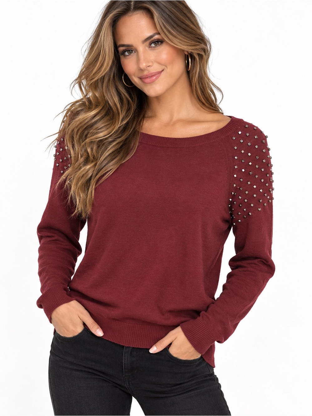 a.n.a Burgundy Studded Shoulder Sweater